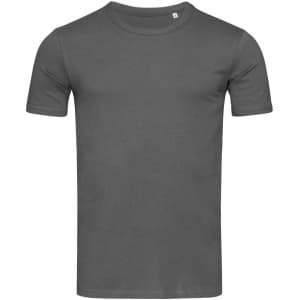 A grey crew neck t-shirt featuring short sleeves and a simple design, with a logo on the label.