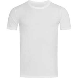 A plain white crew neck t-shirt with short sleeves. The shirt has a logo on it.