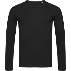 A black long sleeve shirt with a crew neck and a small logo on the chest area.