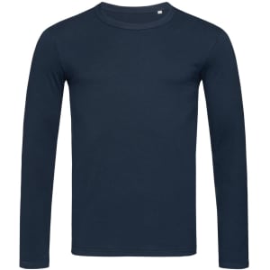 A long sleeve, navy blue T-shirt featuring a round neckline and a simple design, with a logo on the front.