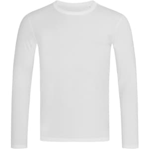 A white long-sleeve t-shirt with a round neck and a small logo on the neckline.