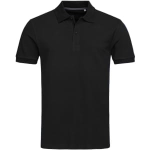 A black short-sleeve polo shirt featuring a collar and three buttons, with a logo on the chest.