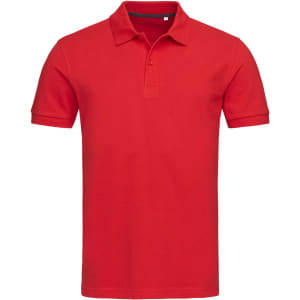 A red polo shirt with a classic collar and short sleeves. It features a logo on the chest.