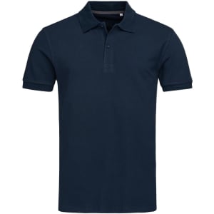 A navy blue men's polo shirt featuring a collar, three-button placket, and a logo on the chest.