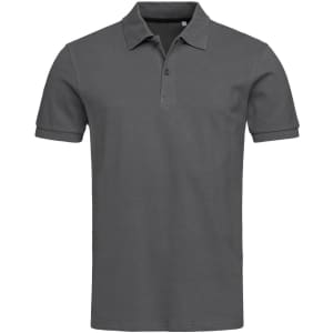 A dark grey polo shirt with a classic collar and short sleeves. It features a logo on the chest.