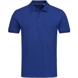 A blue men's polo shirt with a classic collar and short sleeves. Features a branding logo.