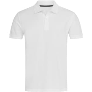 A white polo shirt with a classic collar and a logo on the chest.