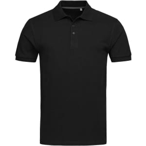 A black men's premium cotton polo shirt with a collar and short sleeves, featuring a logo on the chest.