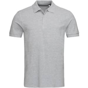 A grey men's premium cotton polo shirt featuring a classic design and a collar, with a small logo present.