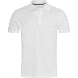 A white men's premium cotton polo shirt with a collar and short sleeves. Features a small logo on the chest.