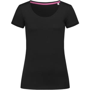 A black women's T-shirt with a crew neck and short sleeves, featuring a contrasting inner neckline and a logo.