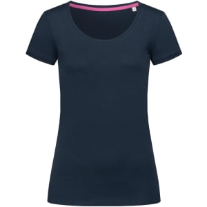 A women's crew neck t-shirt in navy blue with short sleeves and a pink trim on the neckline. Features a logo.