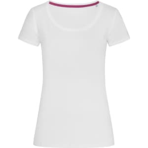 A white women's crew neck t-shirt with a pink detail at the neckline. It features a small logo.