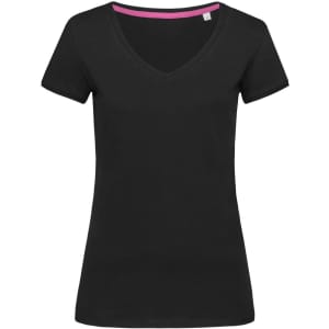 A black women's t-shirt featuring a V-neck design and short sleeves, with a hint of pink on the neckline.