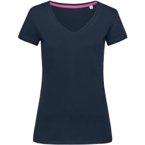 A navy women's V-neck t-shirt with short sleeves and a pink neckline, featuring a logo.