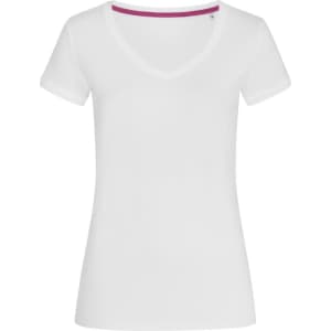 A white women's t-shirt featuring a V-neck design and short sleeves, with a hint of purple detail inside the neckline.