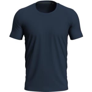 A navy blue crew neck t-shirt with short sleeves and a fitted design. Features a logo.