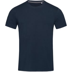 A navy blue crew neck t-shirt featuring short sleeves and a simple design. It has a logo on the label.