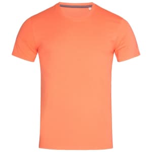 An orange crew neck t-shirt with short sleeves and a simple design. It features a subtle logo.
