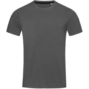 A grey crew neck t-shirt with short sleeves, featuring a subtle logo.