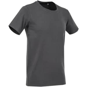 A grey crew neck t-shirt with short sleeves, featuring a logo on the chest.