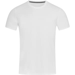 A plain white crew neck t-shirt with short sleeves, featuring a logo on the neckline.