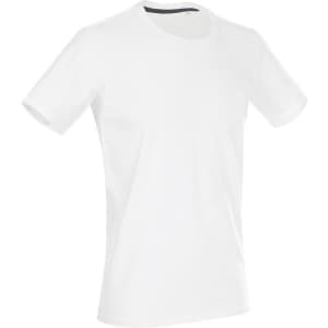 A white crew neck t-shirt with short sleeves and a subtle logo detail.