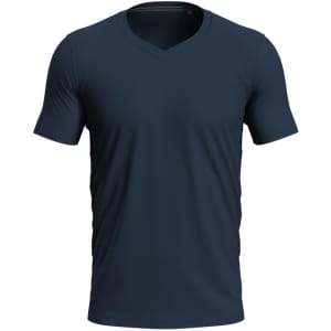 A navy blue V-neck men's T-shirt with short sleeves and a fitted design. It features a brand logo.