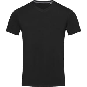 A black men's V-neck t-shirt featuring short sleeves and a simple design, with a logo on the label.