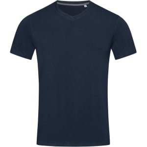 A navy blue men's V-neck T-shirt featuring short sleeves and a simple design. It includes a logo.