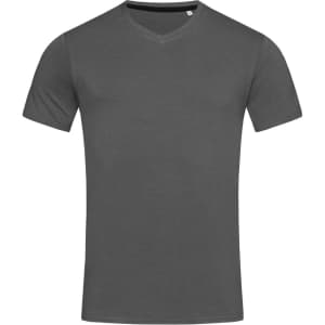A grey men's V-neck T-shirt with short sleeves. Features a subtle logo on the front.
