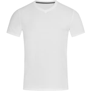 A plain white men's V-neck T-shirt with short sleeves and a subtle logo on the neck.