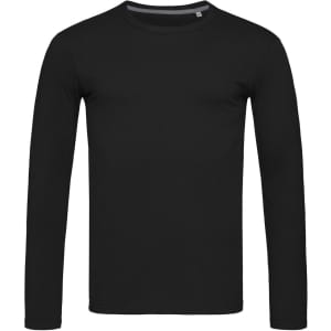 A black long sleeve shirt featuring a crew neck and a simple design. It includes a logo on the garment.