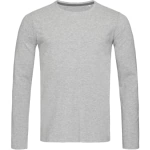 A grey long sleeve t-shirt for men, featuring a crew neckline and a simple design with a logo.