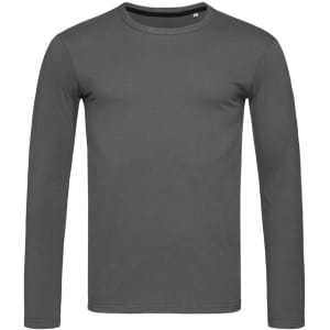 A grey long sleeve t-shirt with a round neckline and a branded label at the collar.