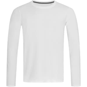 A white long sleeve t-shirt with a round neckline and a subtle branding logo at the collar.
