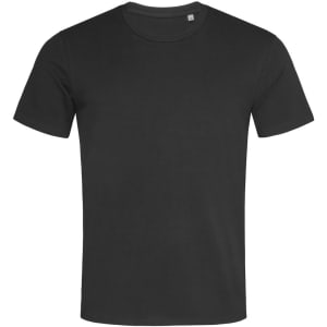 A black crew neck t-shirt with short sleeves. The shirt features a logo on the front.