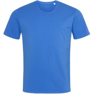 A blue crew neck t-shirt featuring short sleeves and a plain design. It has a small logo on the neckline.