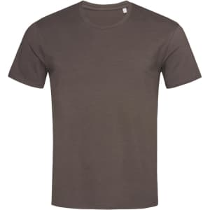 A men's crew neck t-shirt in a muted olive green colour with short sleeves and a logo on the label.