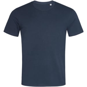 A navy blue men's crew neck t-shirt with short sleeves and a small logo on the collar.