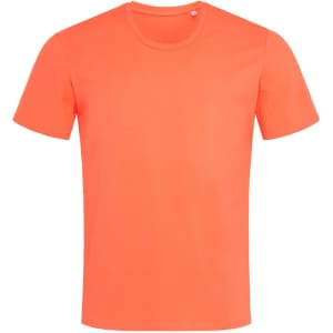 A bright orange crew neck t-shirt with short sleeves and a subtle logo on the neckline.