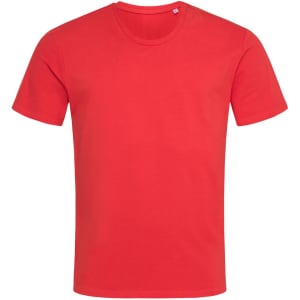 A red crew neck t-shirt with short sleeves and a small logo on the neckline.