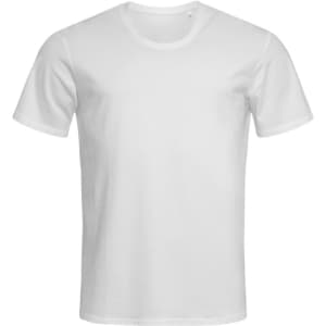A plain white men's crew neck t-shirt with short sleeves, featuring a logo on one side.