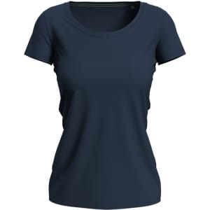 A women's crew neck t-shirt in navy blue with a fitted design and short sleeves, featuring a branding logo.
