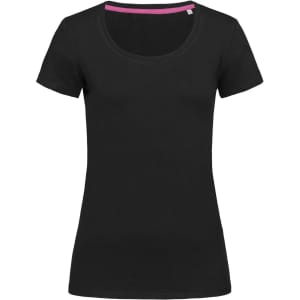 A black women's crew neck t-shirt featuring a rounded neckline and short sleeves. It has a logo on the garment.