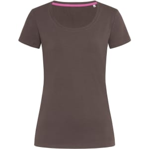 A dark olive green women's T-shirt with a crew neck and short sleeves, featuring a contrasting neckline and a logo.