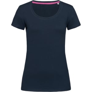 A navy women's crew neck t-shirt with short sleeves and a contrasting inner neck trim. Includes a logo.