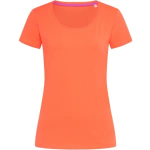 A women's crew neck t-shirt in vibrant orange with short sleeves and a scoop neckline, featuring a logo.
