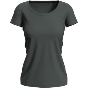 A dark green women's crew neck t-shirt with short sleeves and a fitted design. It features a logo on the garment.