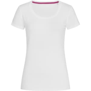 A white women's crew neck t-shirt with short sleeves and a coloured neckline. Includes a logo.